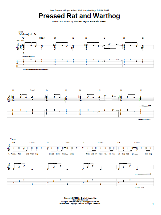 Cream Pressed Rat And Warthog Sheet Music Notes & Chords for Guitar Tab - Download or Print PDF