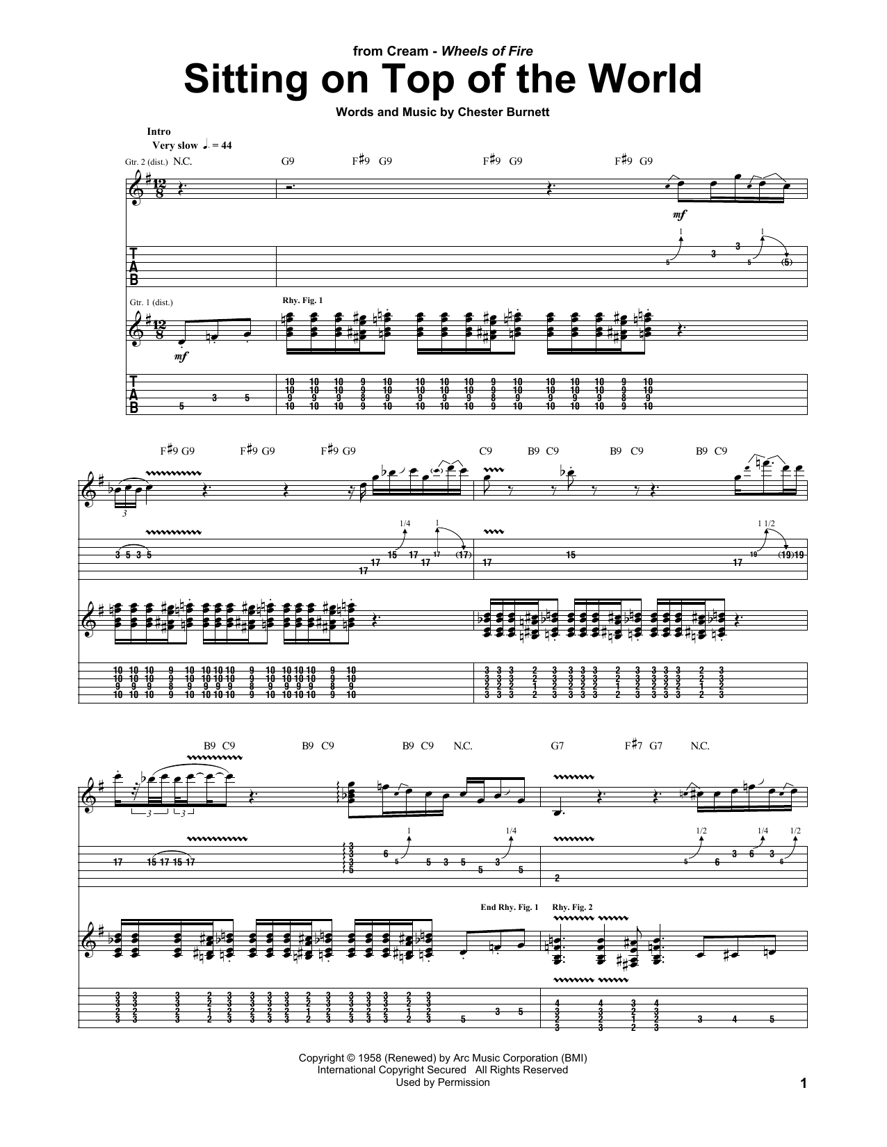 Cream Sitting On Top Of The World Sheet Music Notes & Chords for Guitar Tab - Download or Print PDF