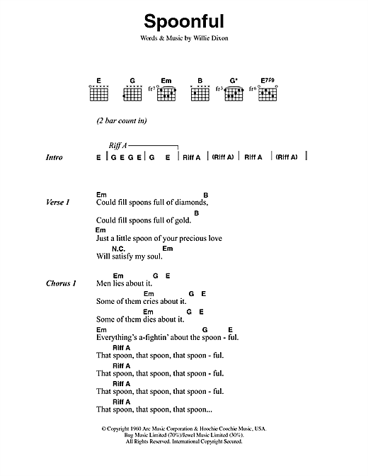 Cream Spoonful Sheet Music Notes & Chords for Lyrics & Chords - Download or Print PDF