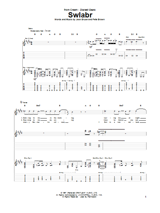 Cream Swlabr Sheet Music Notes & Chords for Bass Guitar Tab - Download or Print PDF