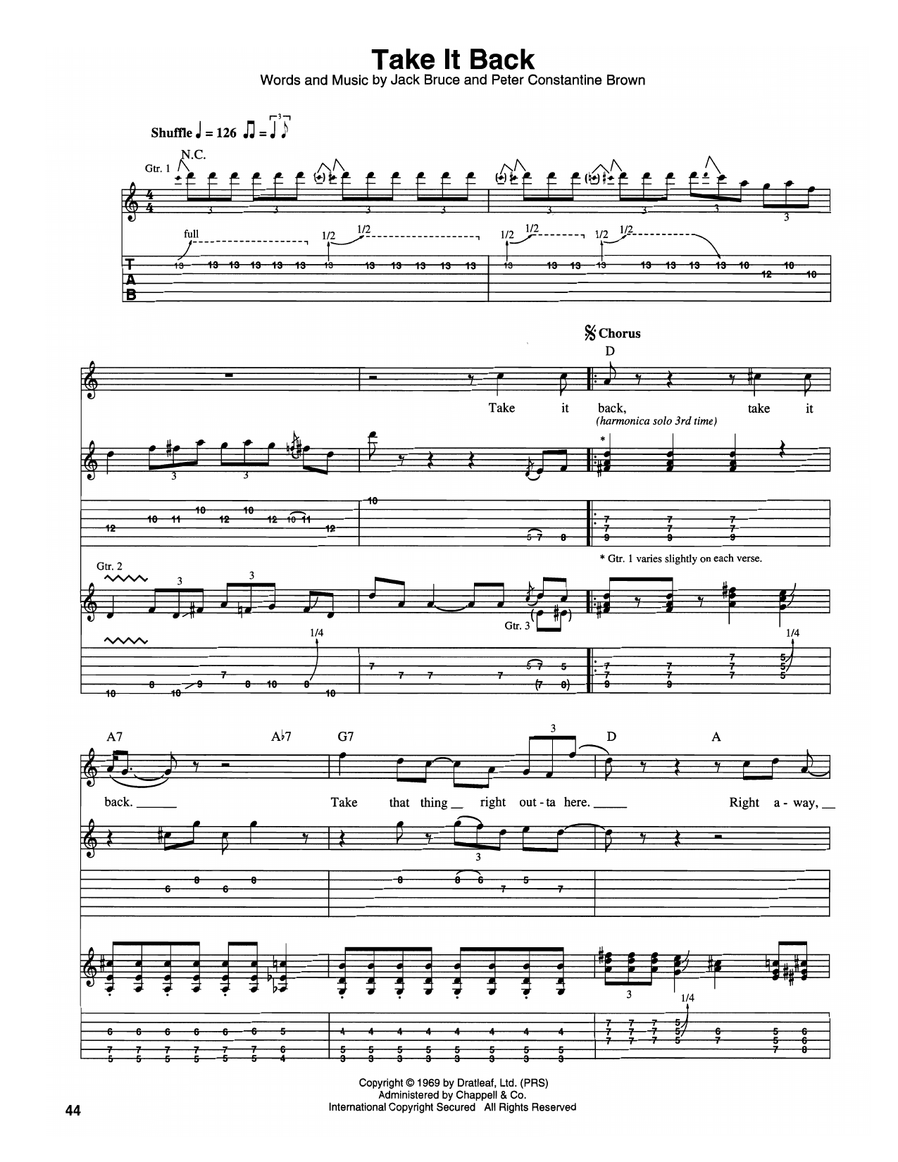 Cream Take It Back Sheet Music Notes & Chords for Guitar Tab - Download or Print PDF