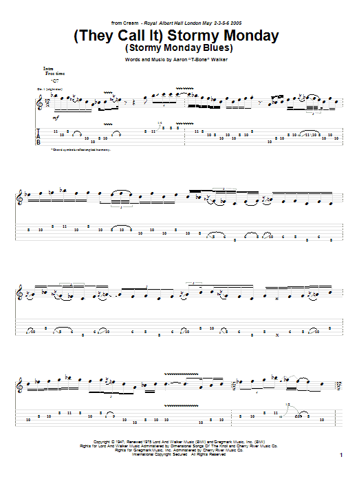 Cream (They Call It) Stormy Monday (Stormy Monday Blues) Sheet Music Notes & Chords for Guitar Tab - Download or Print PDF