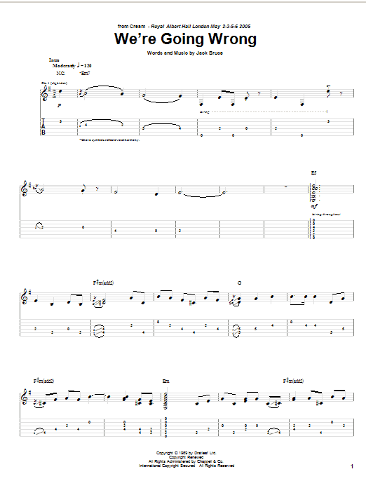 Cream We're Going Wrong Sheet Music Notes & Chords for Guitar Tab - Download or Print PDF