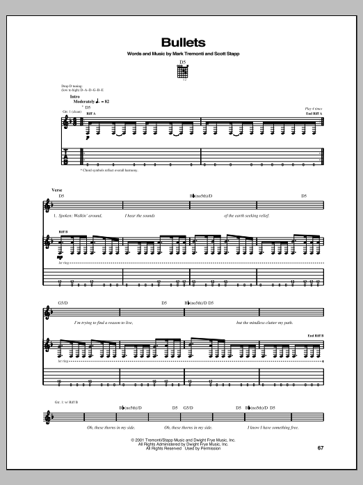 Creed Bullets Sheet Music Notes & Chords for Guitar Tab - Download or Print PDF