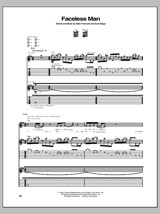 Creed Faceless Man Sheet Music Notes & Chords for Guitar Tab - Download or Print PDF