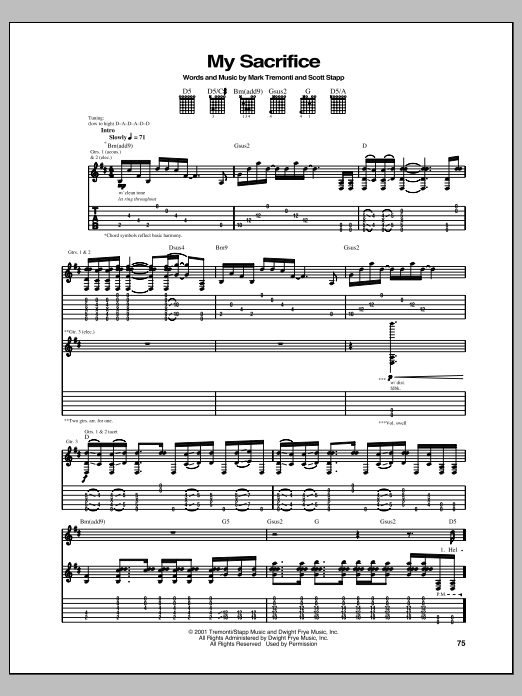 Creed My Sacrifice Sheet Music Notes & Chords for Lyrics & Chords - Download or Print PDF
