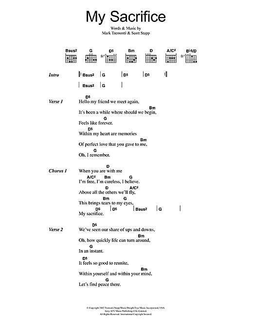 Preview Creed My Sacrifice Rock sheet music, notes and chords for Lyrics & Chords, SKU: 48193 My Sacrifice sheet music
