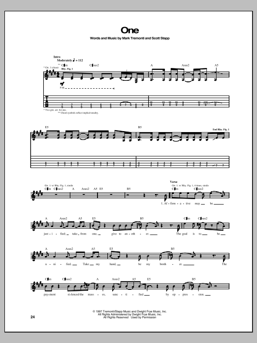Creed One Sheet Music Notes & Chords for Guitar Tab - Download or Print PDF