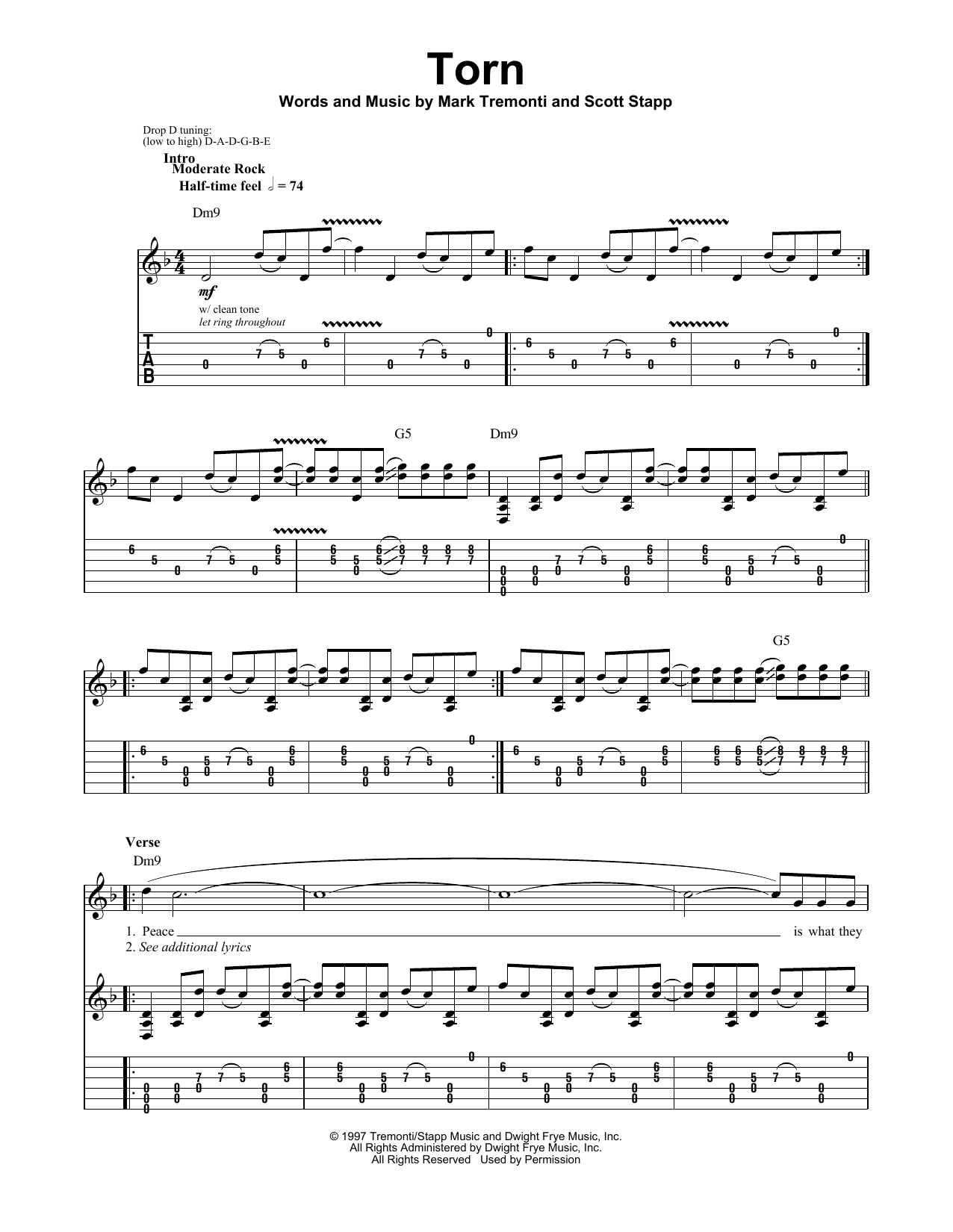 Creed Torn Sheet Music Notes & Chords for Guitar Tab - Download or Print PDF