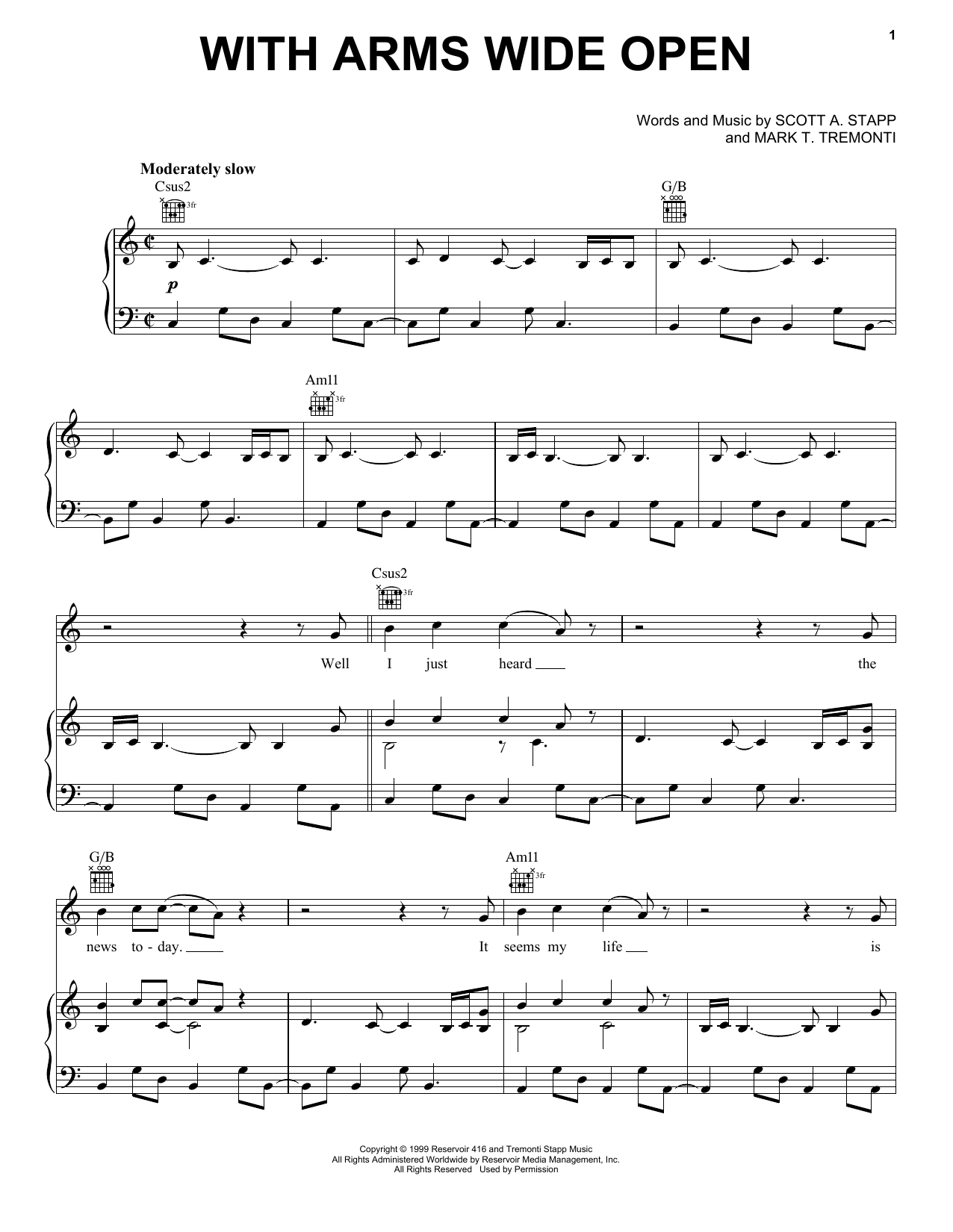 Creed With Arms Wide Open Sheet Music Notes & Chords for Piano, Vocal & Guitar (Right-Hand Melody) - Download or Print PDF