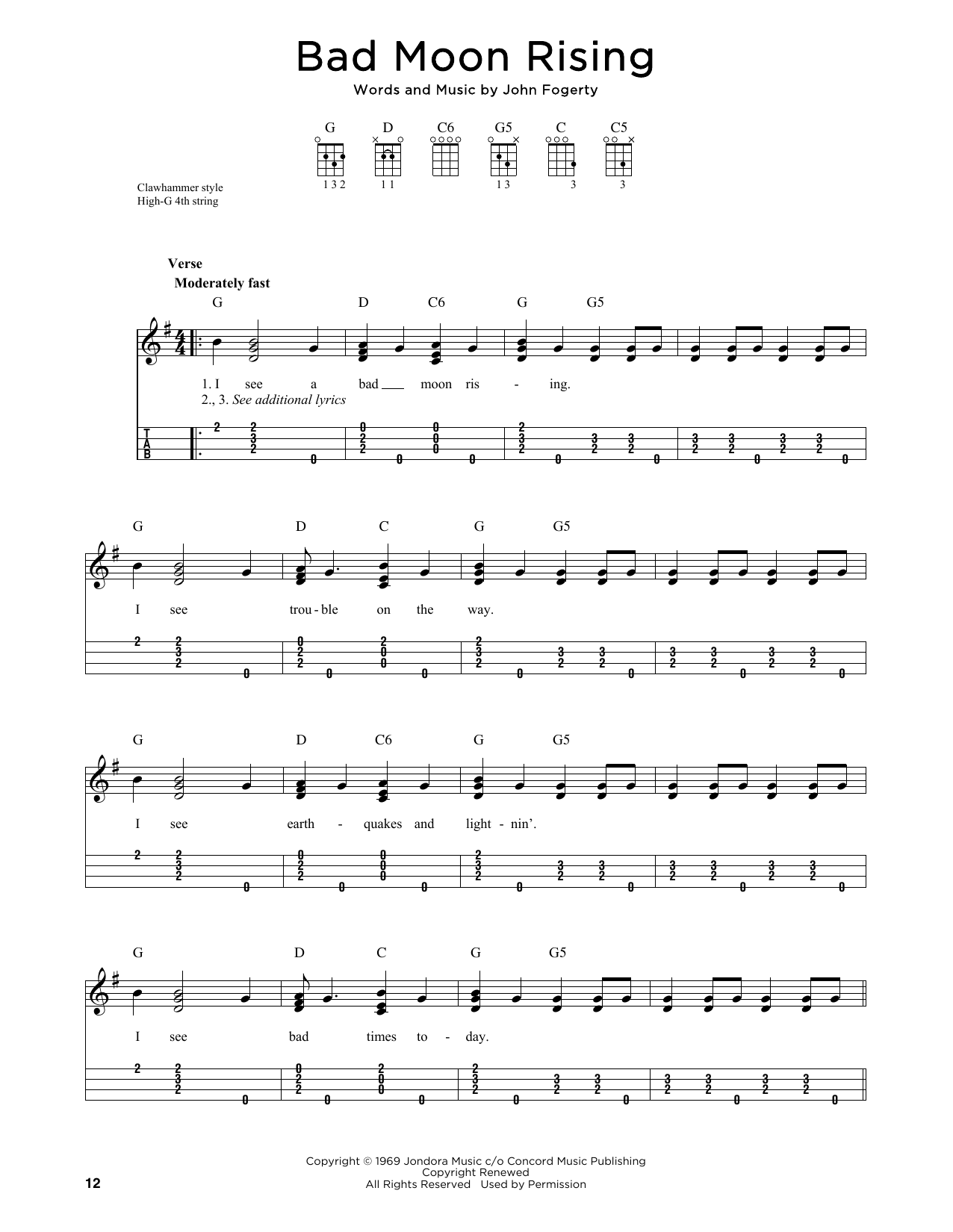 Creedence Clearwater Revival Bad Moon Rising (arr. Jim Schustedt) Sheet Music Notes & Chords for Ukulele - Download or Print PDF Creedence Clearwater Revival Bad Moon Rising (arr. Jim Schustedt) Sheet Music Notes & Chords for Ukulele - Download or Print PDF