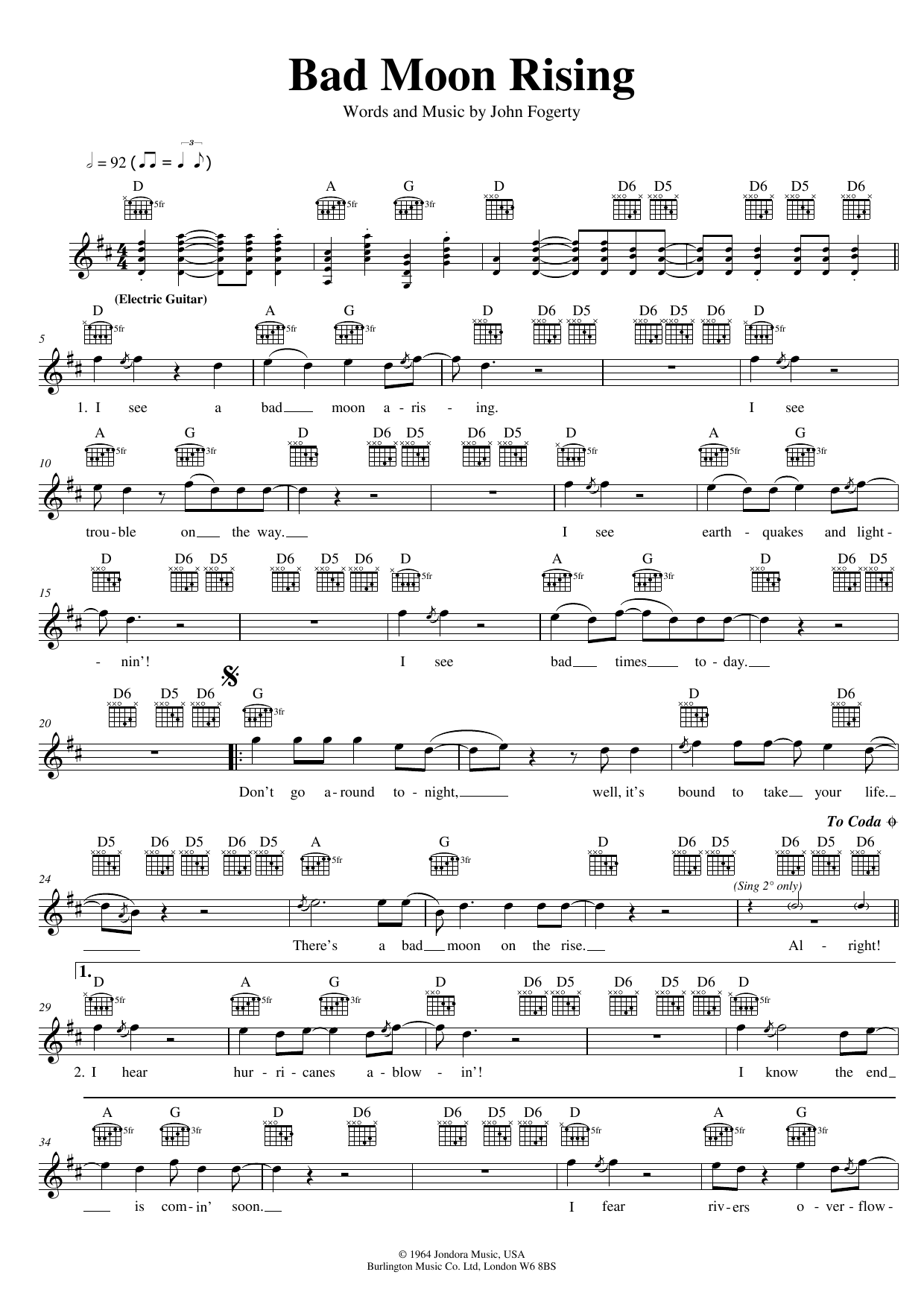 Creedence Clearwater Revival Bad Moon Rising Sheet Music Notes & Chords for Real Book – Melody, Lyrics & Chords - Download or Print PDF