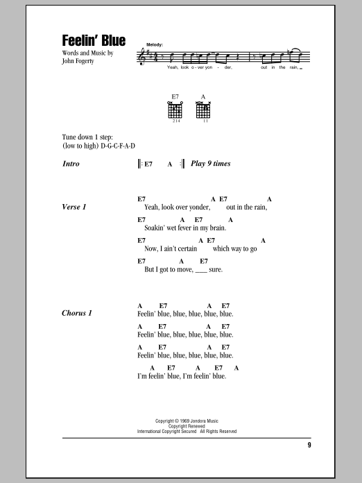 Creedence Clearwater Revival Feelin' Blue Sheet Music Notes & Chords for Lyrics & Chords - Download or Print PDF