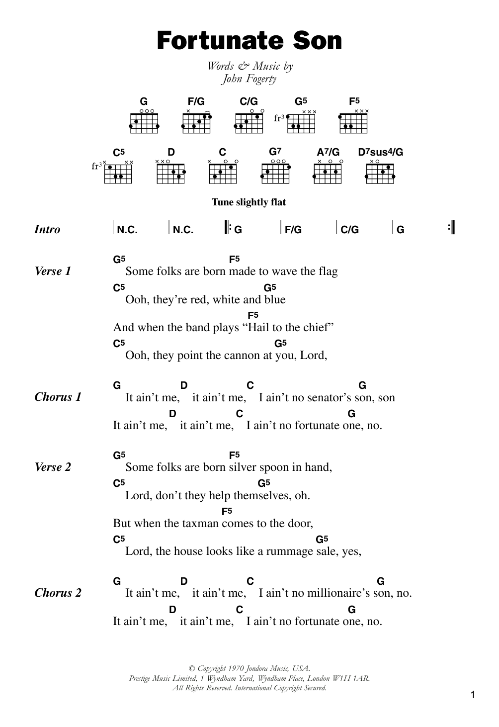 Creedence Clearwater Revival Fortunate Son Sheet Music Notes & Chords for Easy Guitar Tab - Download or Print PDF