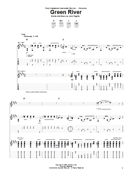 Creedence Clearwater Revival Green River Sheet Music Notes & Chords for Easy Guitar Tab - Download or Print PDF