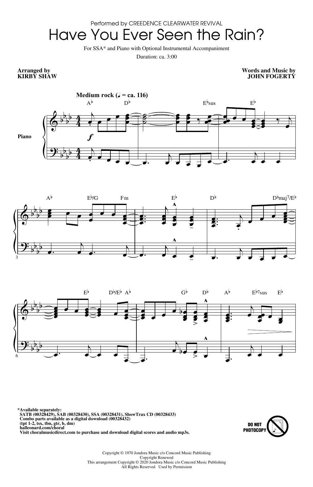 Creedence Clearwater Revival Have You Ever Seen The Rain? (arr. Kirby Shaw) Sheet Music Notes & Chords for SSA Choir - Download or Print PDF