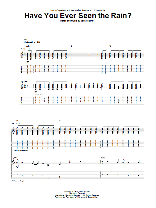 Creedence Clearwater Revival Have You Ever Seen The Rain? Sheet Music Notes & Chords for Easy Guitar Tab - Download or Print PDF