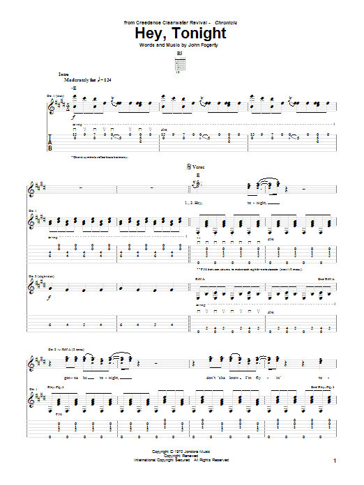 Creedence Clearwater Revival Hey, Tonight Sheet Music Notes & Chords for Lyrics & Chords - Download or Print PDF