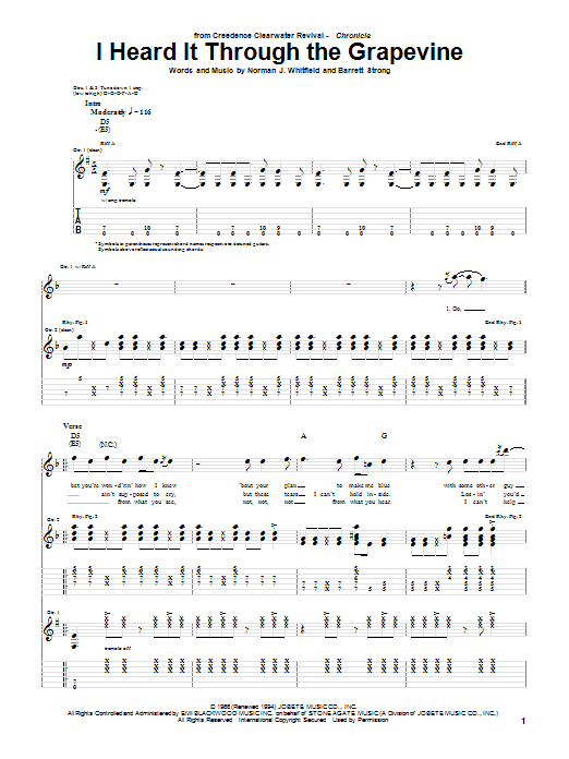 Creedence Clearwater Revival I Heard It Through The Grapevine Sheet Music Notes & Chords for Easy Guitar Tab - Download or Print PDF