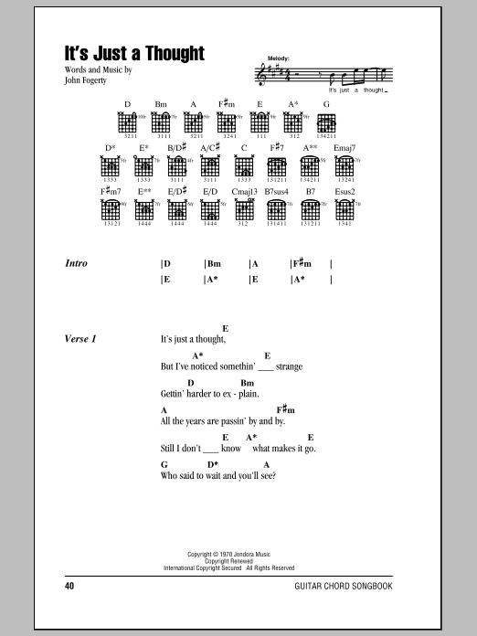 Creedence Clearwater Revival It's Just A Thought Sheet Music Notes & Chords for Lyrics & Chords - Download or Print PDF