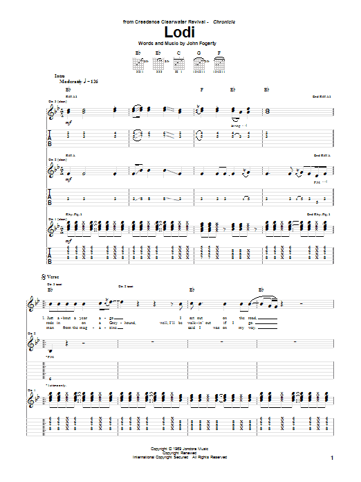 Creedence Clearwater Revival Lodi Sheet Music Notes & Chords for Easy Guitar - Download or Print PDF