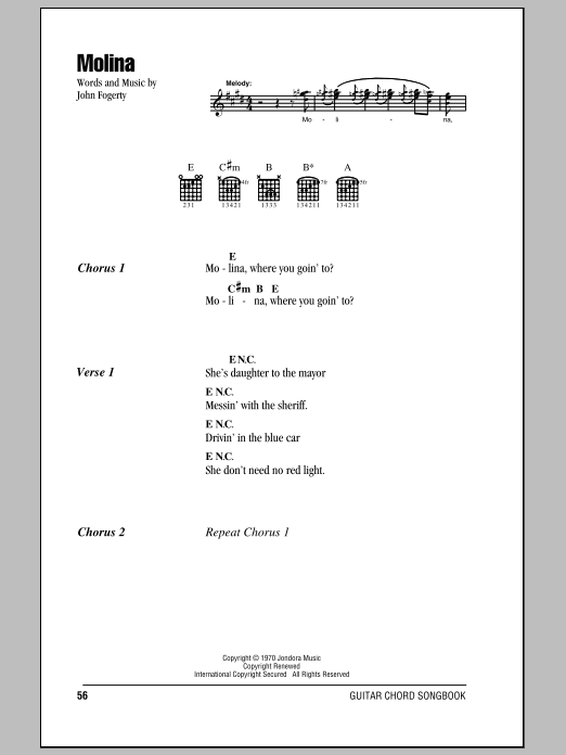 Creedence Clearwater Revival Molina Sheet Music Notes & Chords for Lyrics & Chords - Download or Print PDF Creedence Clearwater Revival Molina Sheet Music Notes & Chords for Lyrics & Chords - Download or Print PDF