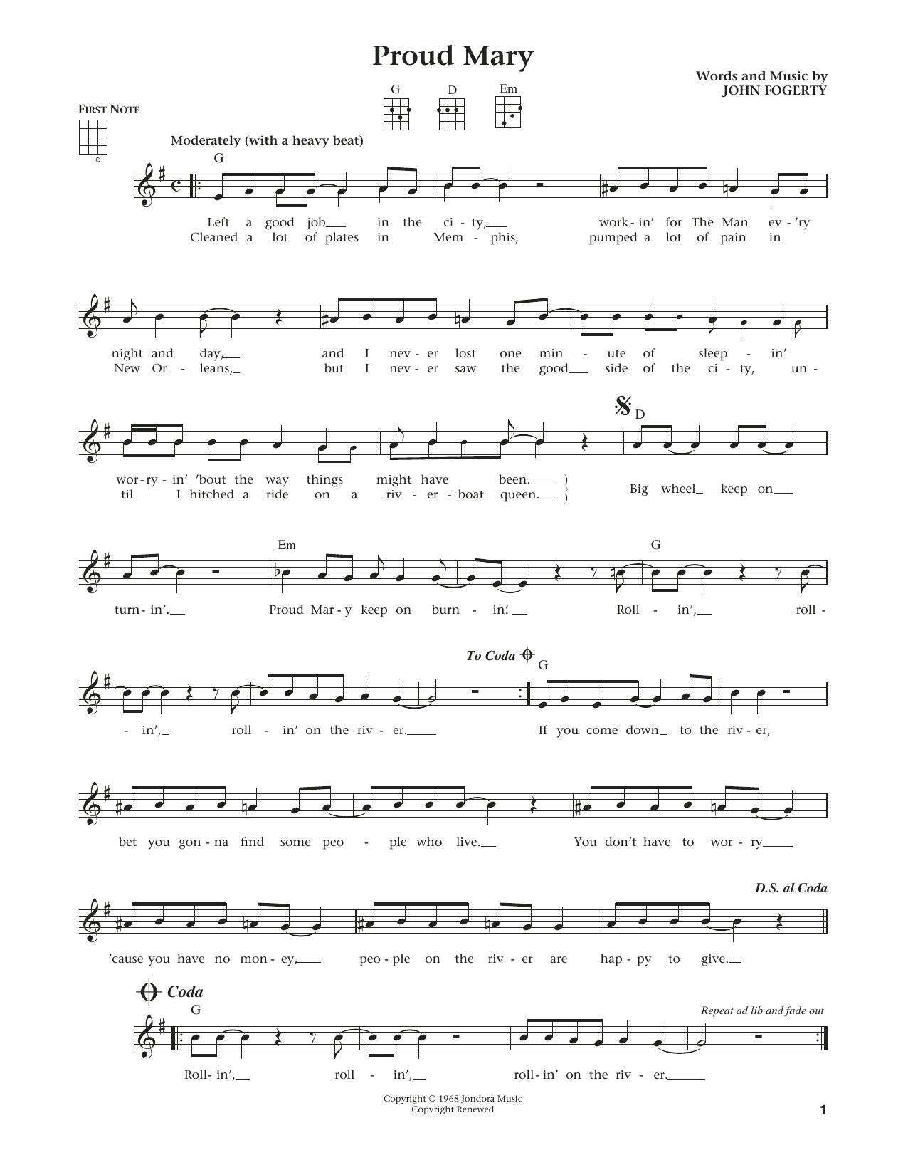 Creedence Clearwater Revival Proud Mary (from The Daily Ukulele) (arr. Liz and Jim Beloff) Sheet Music Notes & Chords for Ukulele - Download or Print PDF