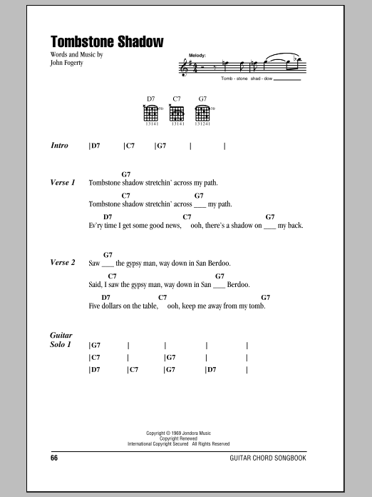 Creedence Clearwater Revival Tombstone Shadow Sheet Music Notes & Chords for Lyrics & Chords - Download or Print PDF