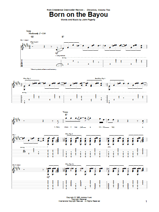 Preview Creedence Clearwater Revival Born On The Bayou Rock sheet music, notes and chords for Lyrics & Chords, SKU: 81609 Born On The Bayou sheet music