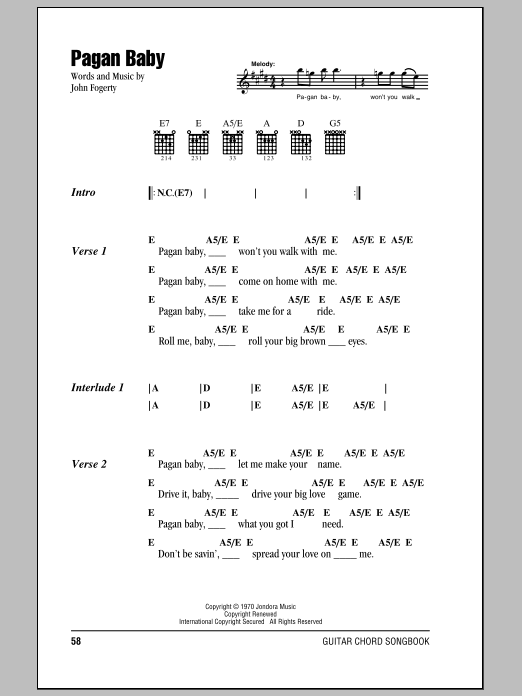 Preview Creedence Clearwater Revival Pagan Baby Rock sheet music, notes and chords for Lyrics & Chords, SKU: 81595 Pagan Baby sheet music