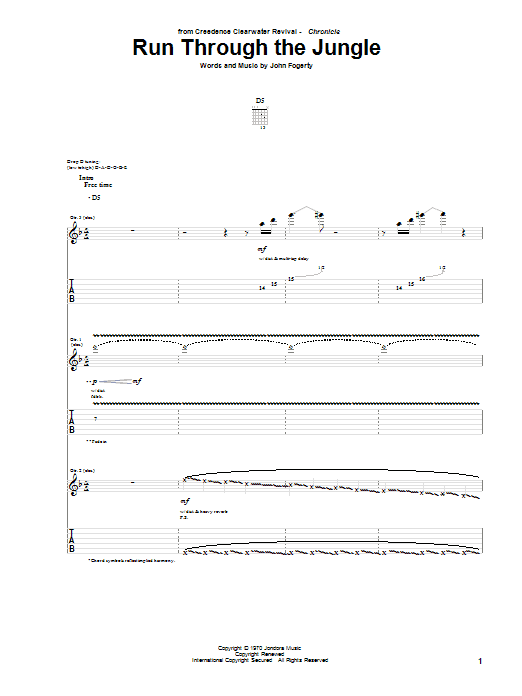 Preview Creedence Clearwater Revival Run Through The Jungle Rock sheet music, notes and chords for Lyrics & Chords, SKU: 81608 Run Through The Jungle sheet music