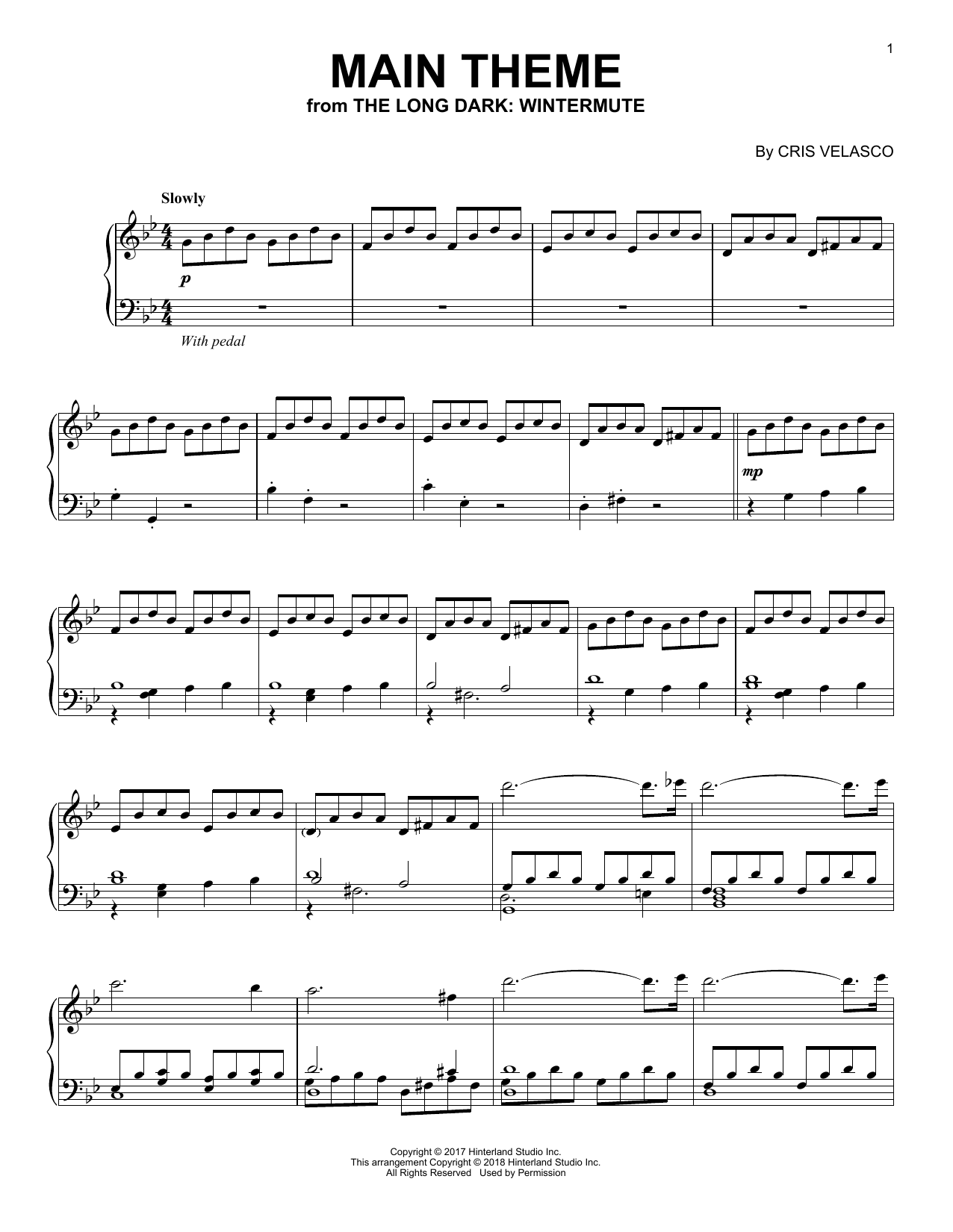 Cris Velasco Main Theme (from The Long Dark: Wintermute) Sheet Music Notes & Chords for Piano Solo - Download or Print PDF
