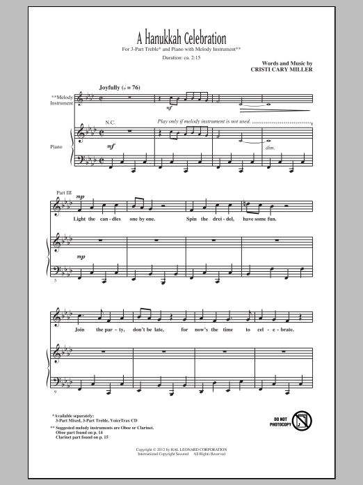 Cristi Cary Miller A Hanukkah Celebration Sheet Music Notes & Chords for 3-Part Treble - Download or Print PDF