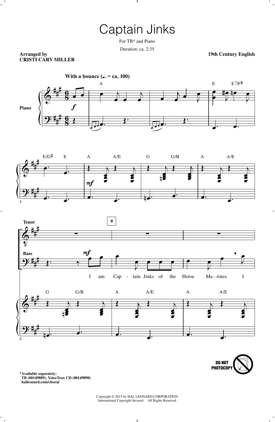 Traditional Folksong Captain Jinks (arr. Cristi Cary Miller) Sheet Music Notes & Chords for TB - Download or Print PDF