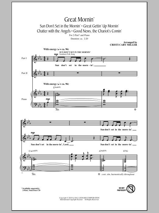 Cristi Cary Miller Great Mornin' Sheet Music Notes & Chords for 2-Part Choir - Download or Print PDF