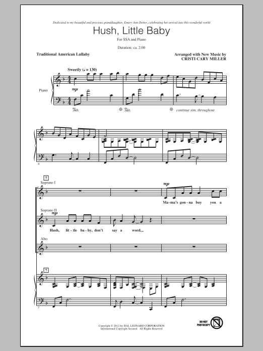 Cristi Cary Miller Hush, Little Baby Sheet Music Notes & Chords for SSA - Download or Print PDF