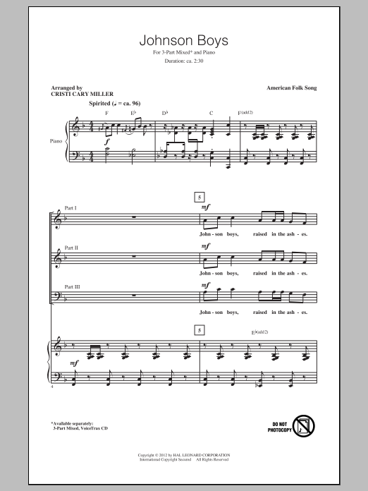 Cristi Cary Miller Johnson Boys Sheet Music Notes & Chords for 3-Part Mixed - Download or Print PDF