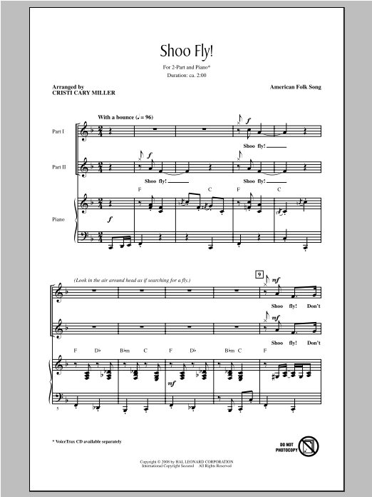 Traditional Shoo Fly, Don't Bother Me (Cristi Cary Miller) Sheet Music Notes & Chords for 2-Part Choir - Download or Print PDF