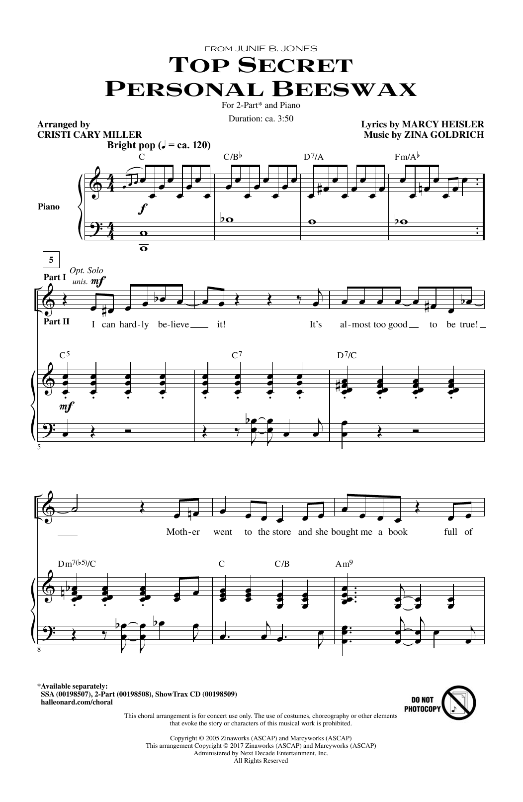 Cristi Cary Miller Top Secret Personal Beeswax Sheet Music Notes & Chords for SSA - Download or Print PDF