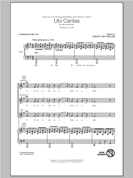 Cristi Cary Miller Ubi Caritas Sheet Music Notes & Chords for SSA - Download or Print PDF