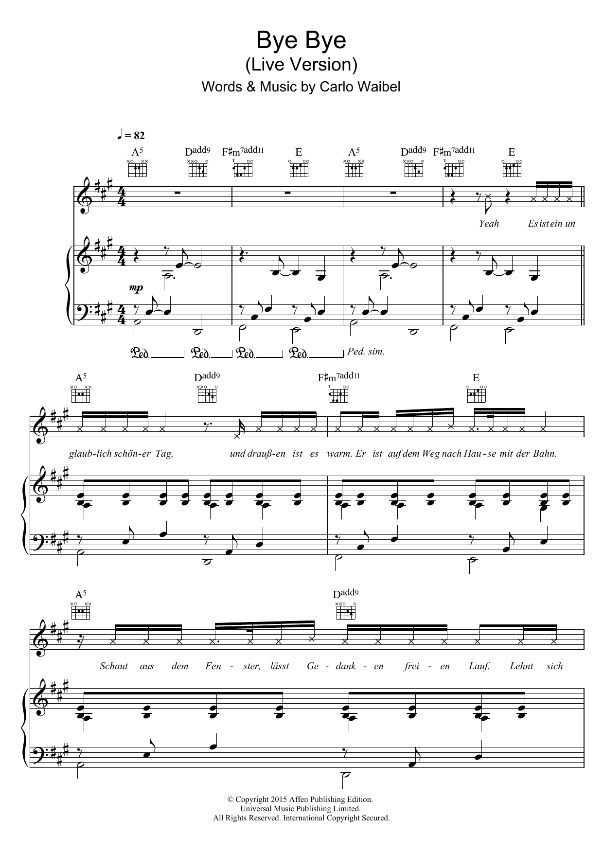 Cro Bye Bye Sheet Music Notes & Chords for Piano, Vocal & Guitar (Right-Hand Melody) - Download or Print PDF