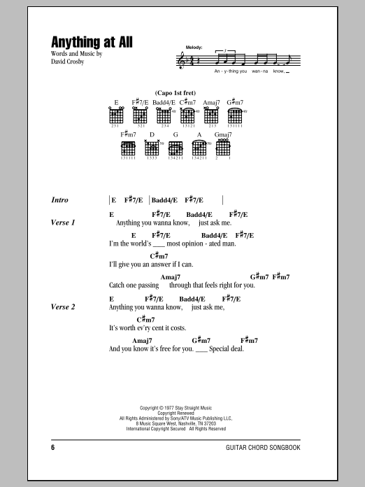 Crosby, Stills & Nash Anything At All Sheet Music Notes & Chords for Lyrics & Chords - Download or Print PDF