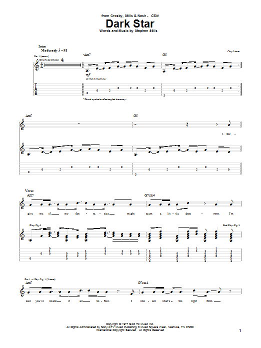 Crosby, Stills & Nash Dark Star Sheet Music Notes & Chords for Guitar Tab - Download or Print PDF
