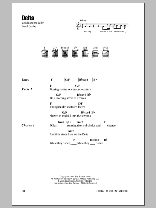 Crosby, Stills & Nash Delta Sheet Music Notes & Chords for Lyrics & Chords - Download or Print PDF
