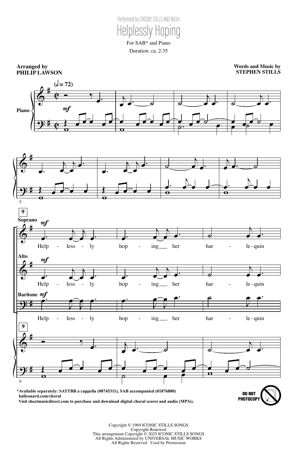 Crosby, Stills & Nash Helplessly Hoping (arr. Philip Lawson) Sheet Music Notes & Chords for SAB Choir - Download or Print PDF