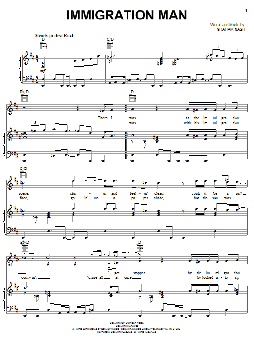 Crosby, Stills & Nash Immigration Man Sheet Music Notes & Chords for Piano, Vocal & Guitar (Right-Hand Melody) - Download or Print PDF