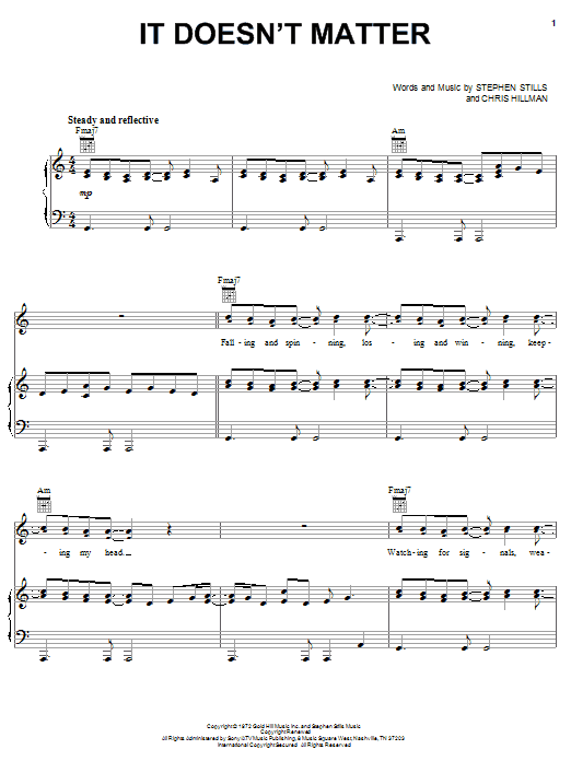 Crosby, Stills & Nash It Doesn't Matter Sheet Music Notes & Chords for Piano, Vocal & Guitar (Right-Hand Melody) - Download or Print PDF