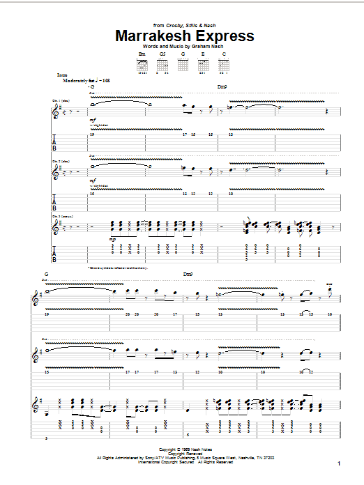 Crosby, Stills & Nash Marrakesh Express Sheet Music Notes & Chords for Easy Guitar Tab - Download or Print PDF