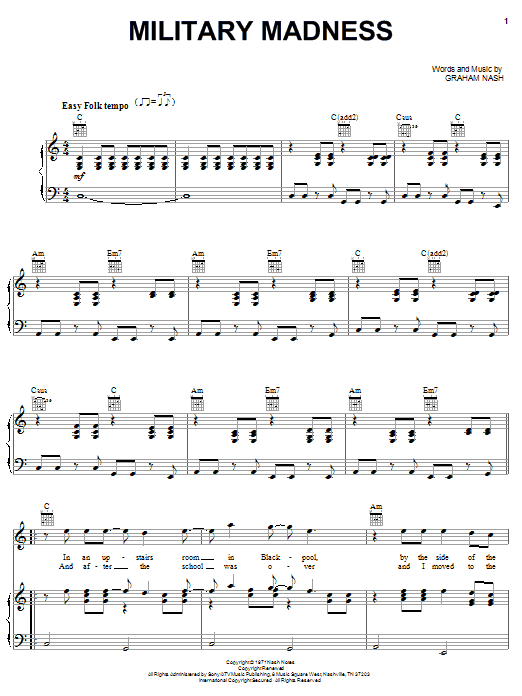 Crosby, Stills & Nash Military Madness Sheet Music Notes & Chords for Piano, Vocal & Guitar (Right-Hand Melody) - Download or Print PDF