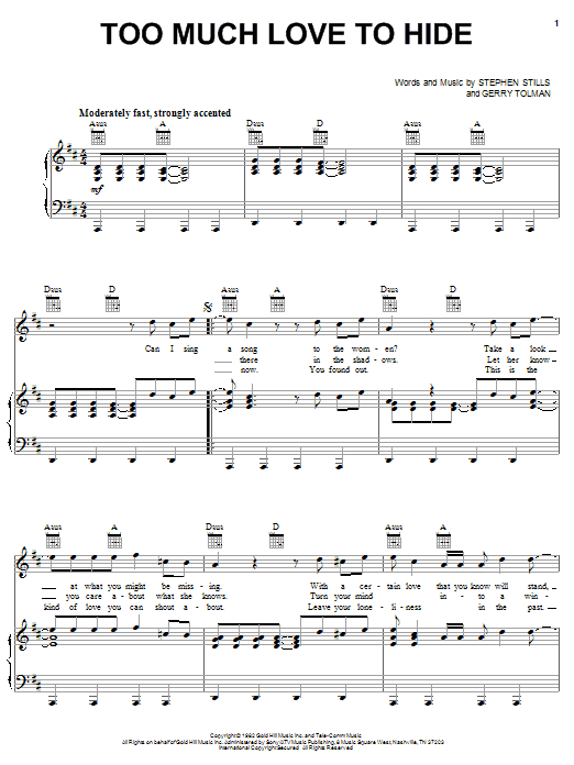 Crosby, Stills & Nash Too Much Love To Hide Sheet Music Notes & Chords for Piano, Vocal & Guitar (Right-Hand Melody) - Download or Print PDF